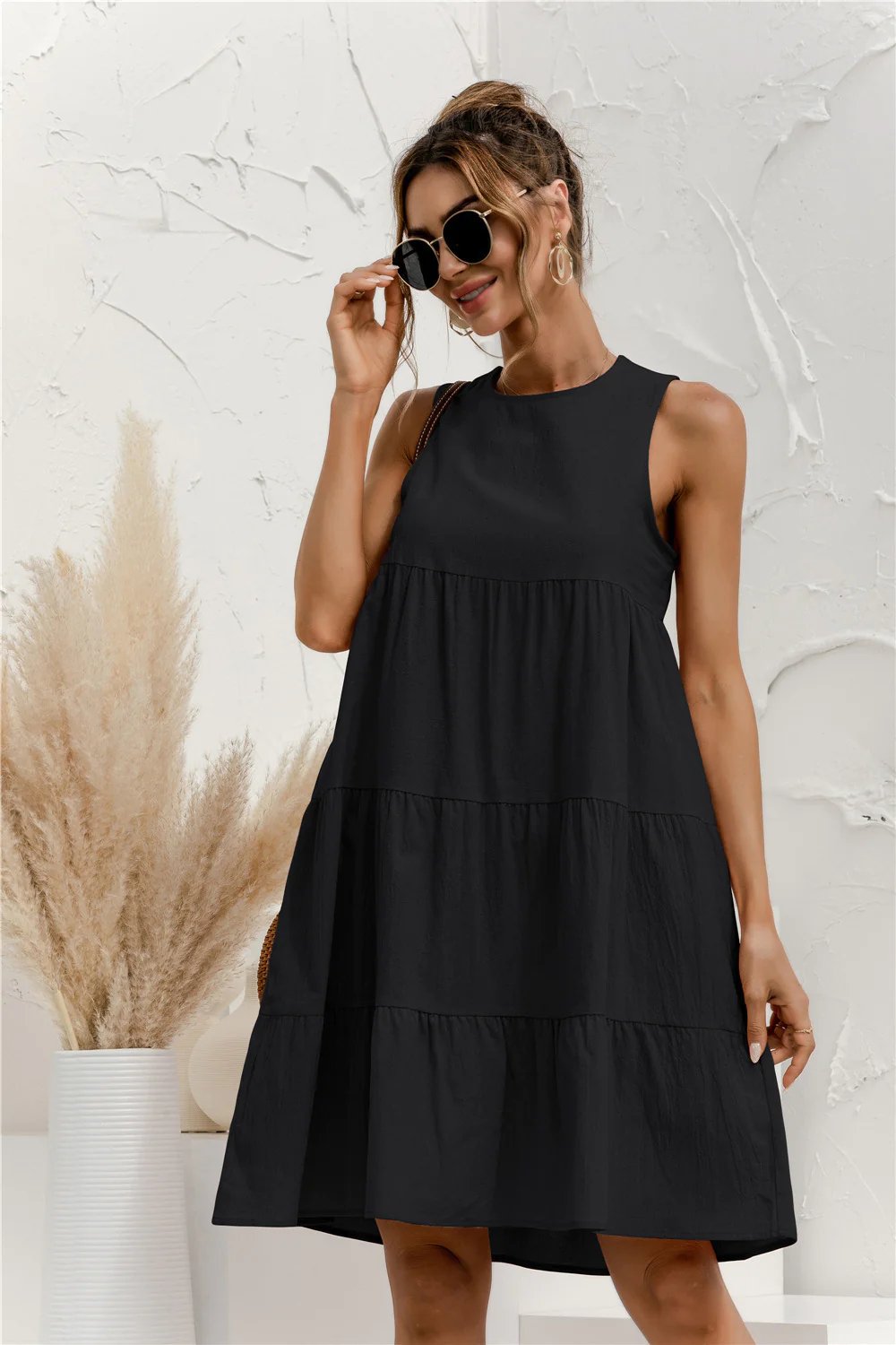 Sleeveless Round Neck Tiered Swing Dress
