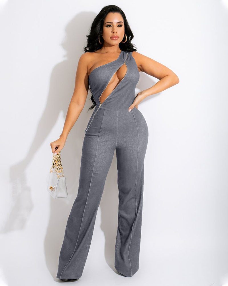 Zipper Detail Denim Jumpsuit