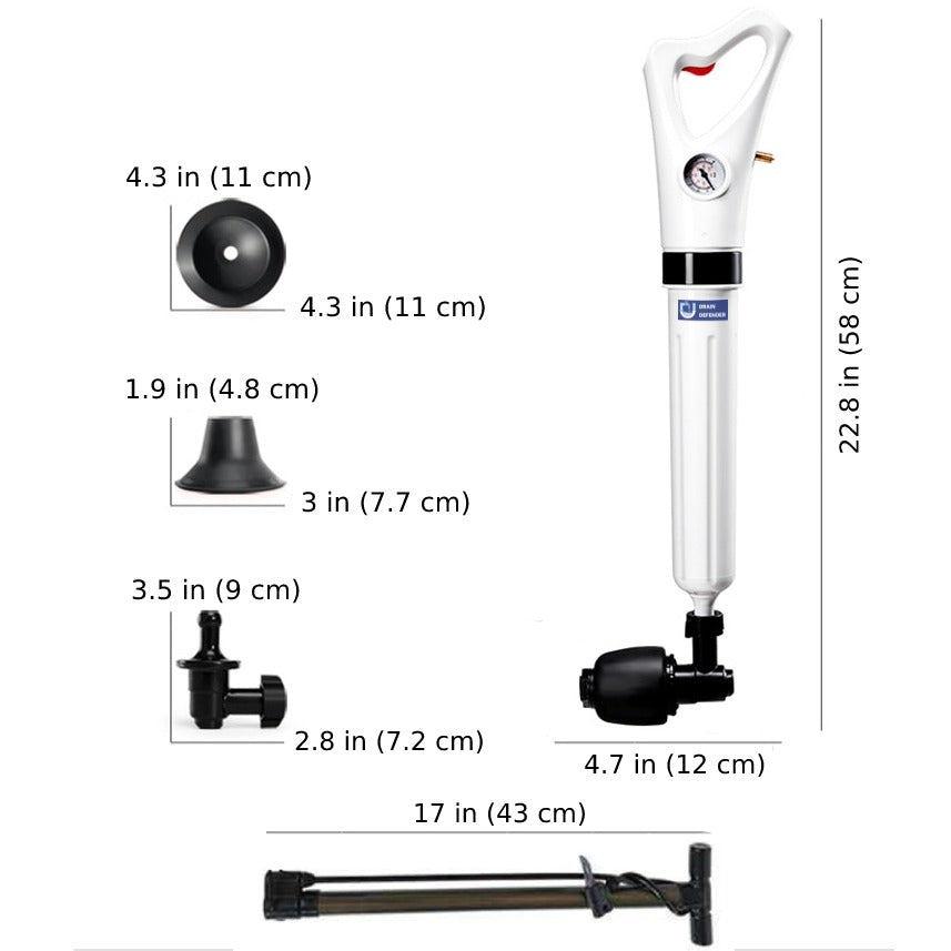 Drain Defender - Toilet blaster clog remover with air pump + 4 extensions