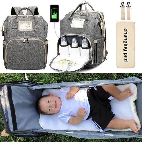 M&M 2-in-1 Backpack- Diaper Bag, Crib, Sun Shade, & USB Integration