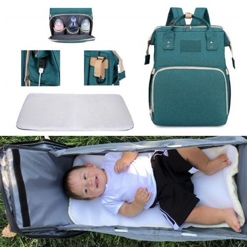 M&M 2-in-1 Backpack- Diaper Bag, Crib, Sun Shade, & USB Integration