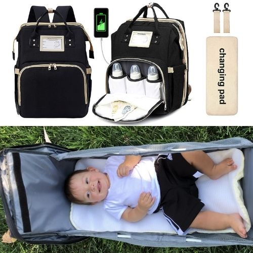 M&M 2-in-1 Backpack- Diaper Bag, Crib, Sun Shade, & USB Integration