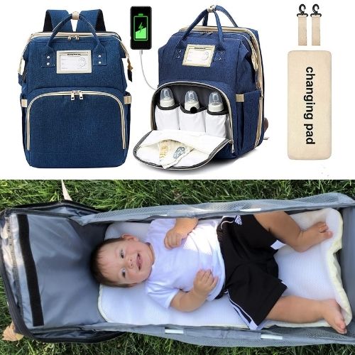 M&M 2-in-1 Backpack- Diaper Bag, Crib, Sun Shade, & USB Integration