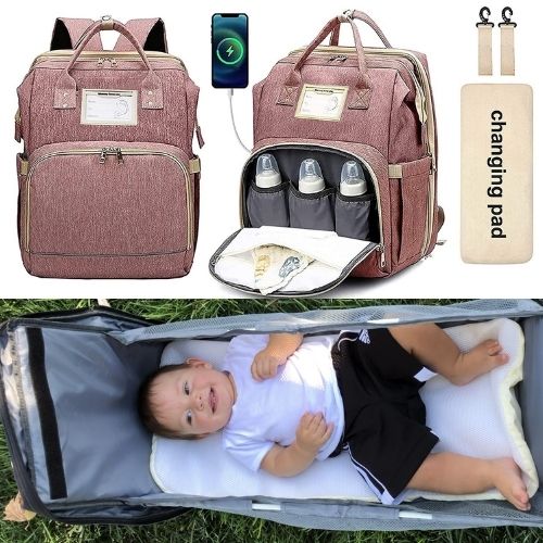 M&M 2-in-1 Backpack- Diaper Bag, Crib, Sun Shade, & USB Integration