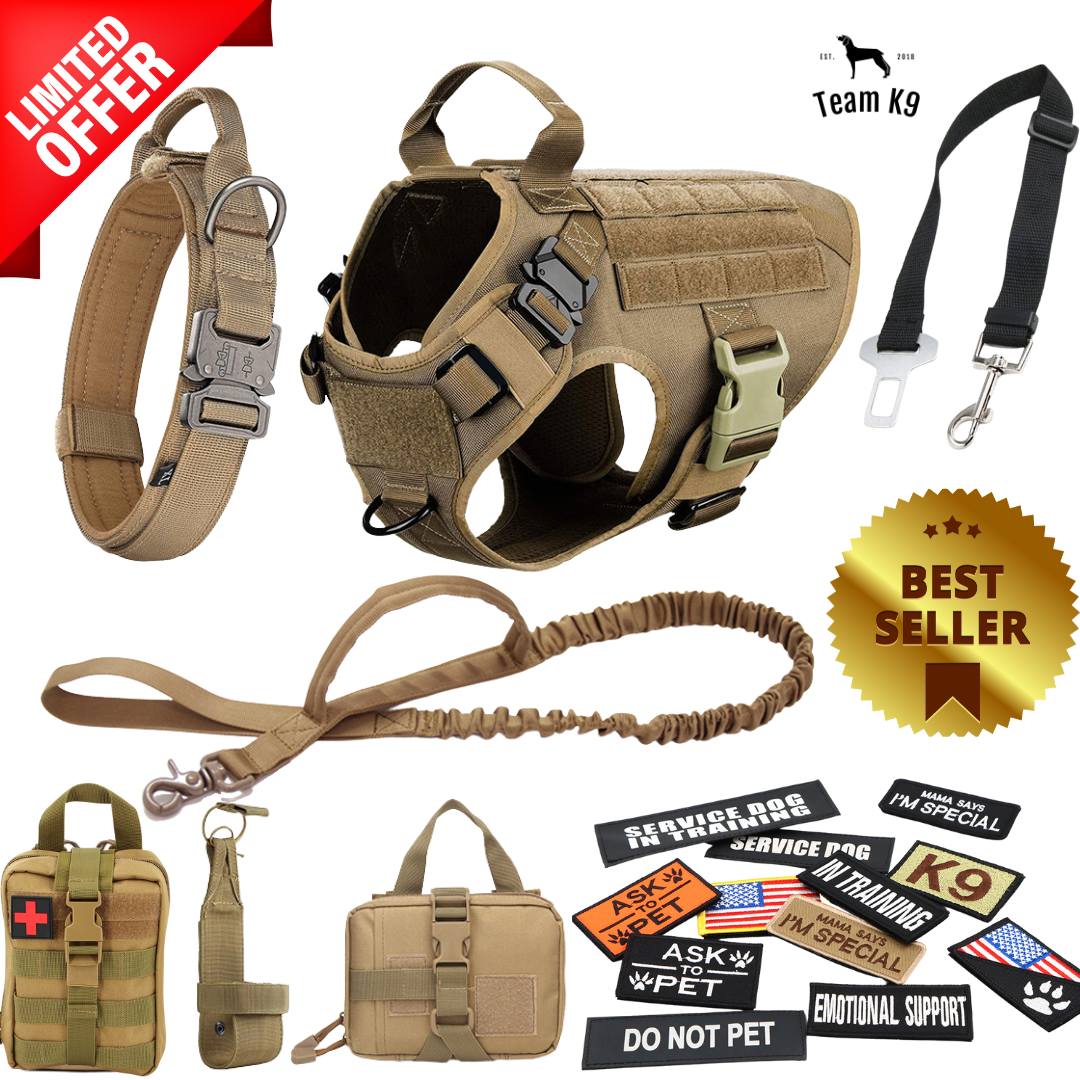 NEW Upgraded Heavy-Duty Tactical No-Pull Team K9 Dog Harness With Front & Back D-Rings, Quick-Release Metal-Buckles, Hook & Loop Panels, & Top Handle