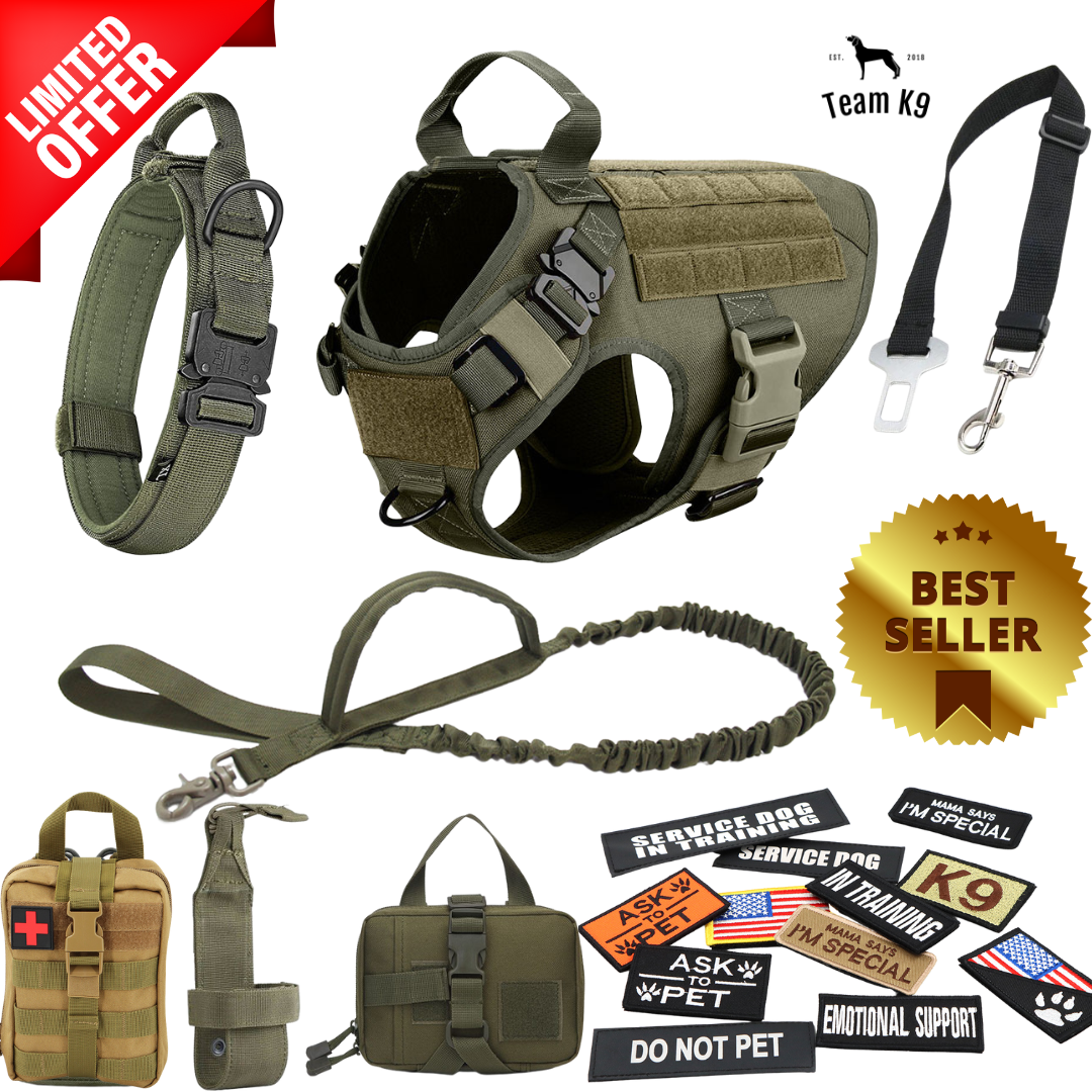 NEW Upgraded Heavy-Duty Tactical No-Pull Team K9 Dog Harness With Front & Back D-Rings, Quick-Release Metal-Buckles, Hook & Loop Panels, & Top Handle