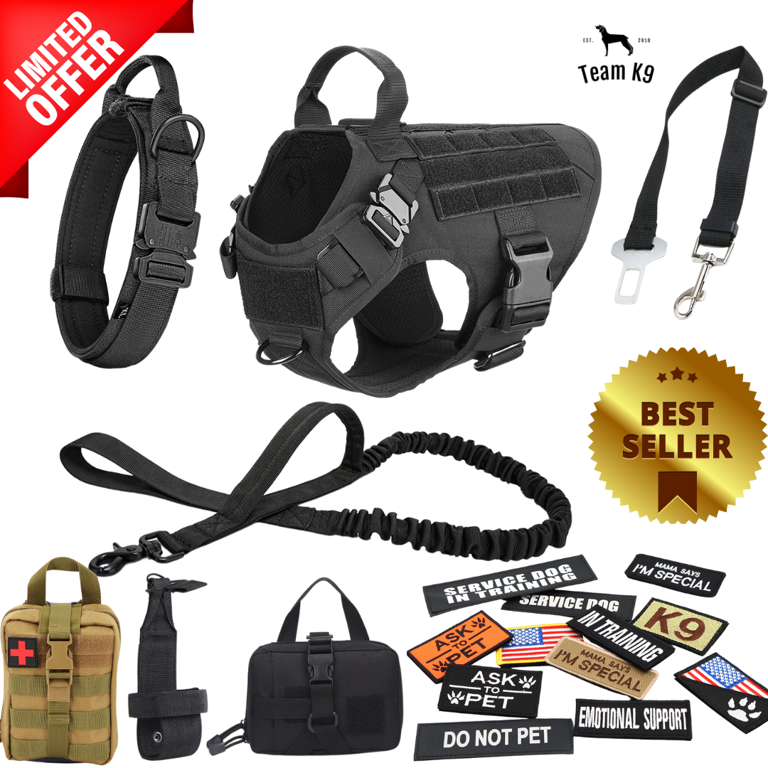 NEW Upgraded Heavy-Duty Tactical No-Pull Team K9 Dog Harness With Front & Back D-Rings, Quick-Release Metal-Buckles, Hook & Loop Panels, & Top Handle