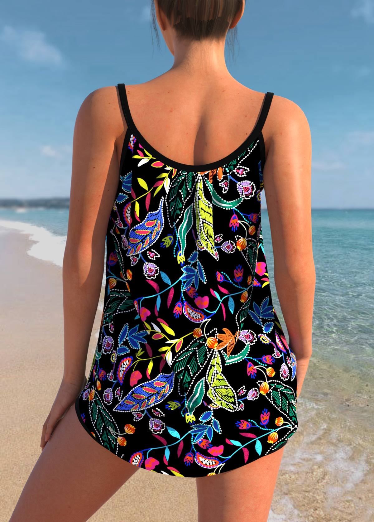 Plus Size Leaf Print Black Tankini Set