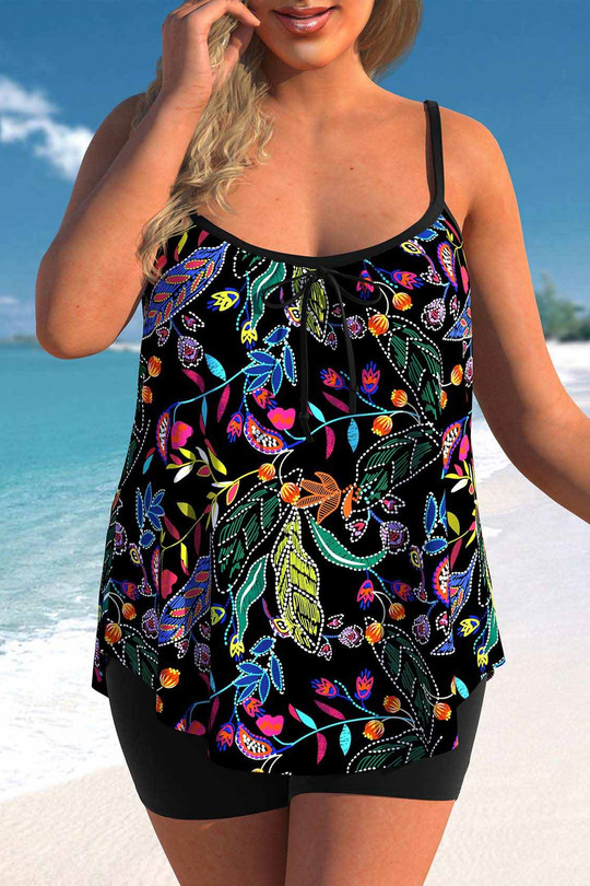 Plus Size Leaf Print Black Tankini Set