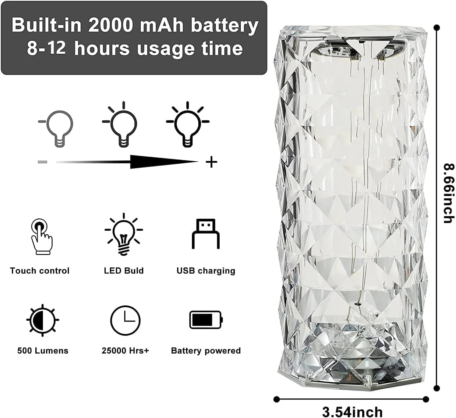 Rechargeable Crystal Table Lamp with Touch Control