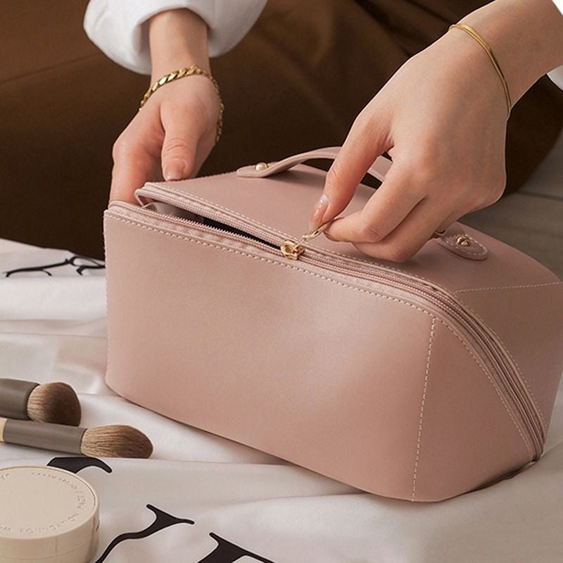 SALY EXPANDABLE LEATHER TRAVEL MAKEUP BAG