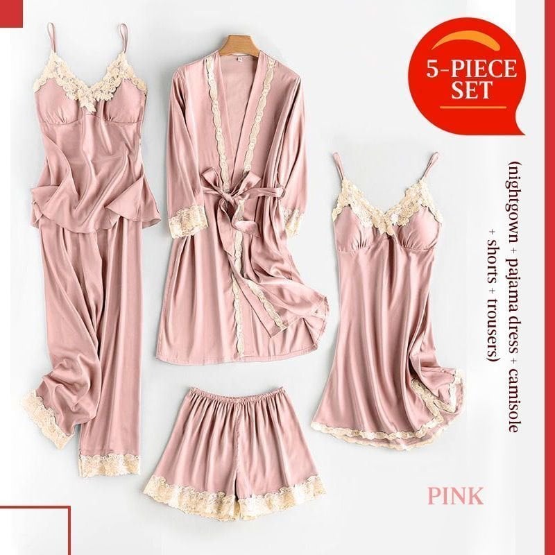 Soft Comfortable Ice Silk Lace Pajamas 2pcs/5pcs Set