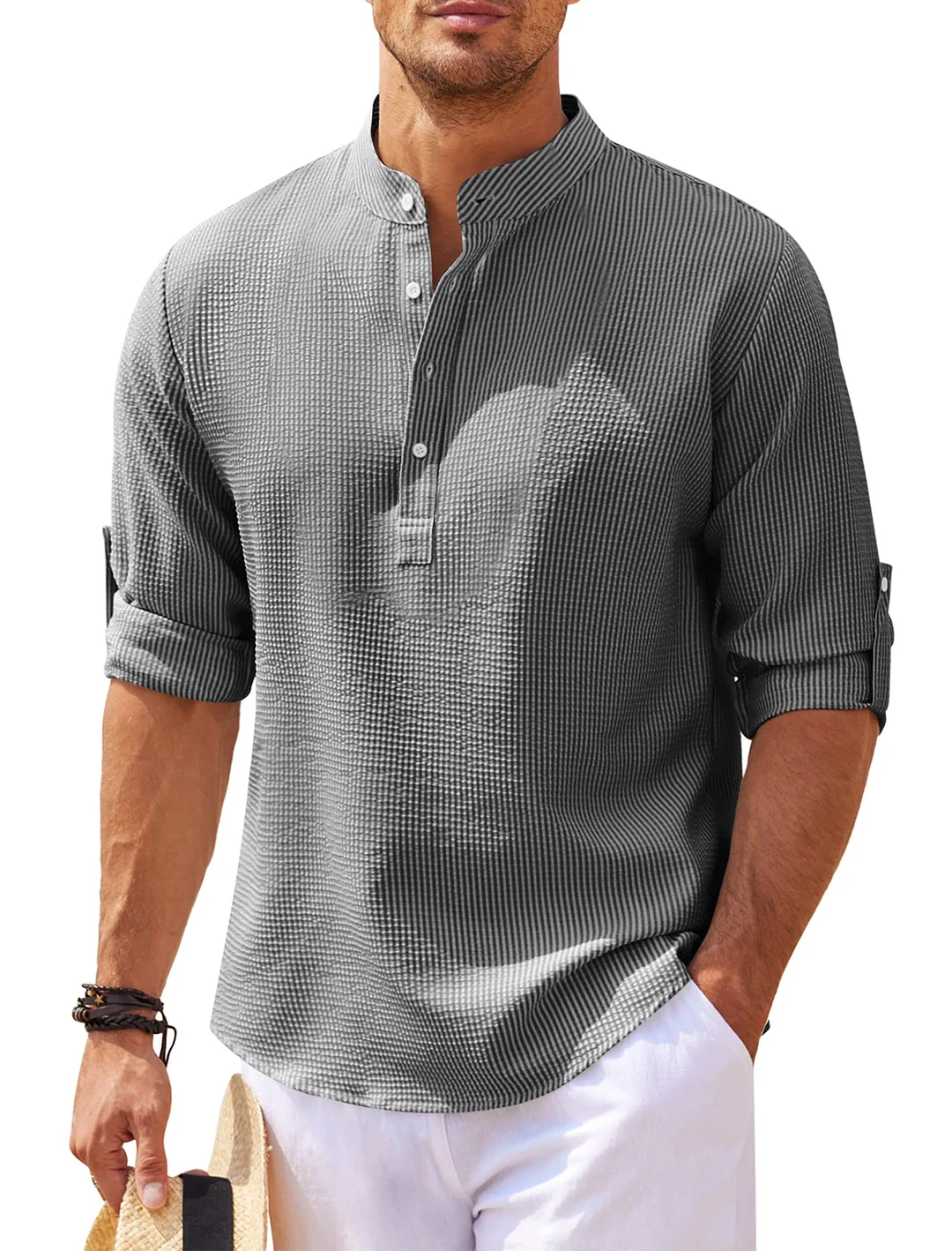 2023 Men's linen Henley shirt long-sleeved casual T shirt