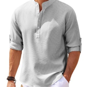 2023 Men's linen Henley shirt long-sleeved casual T shirt