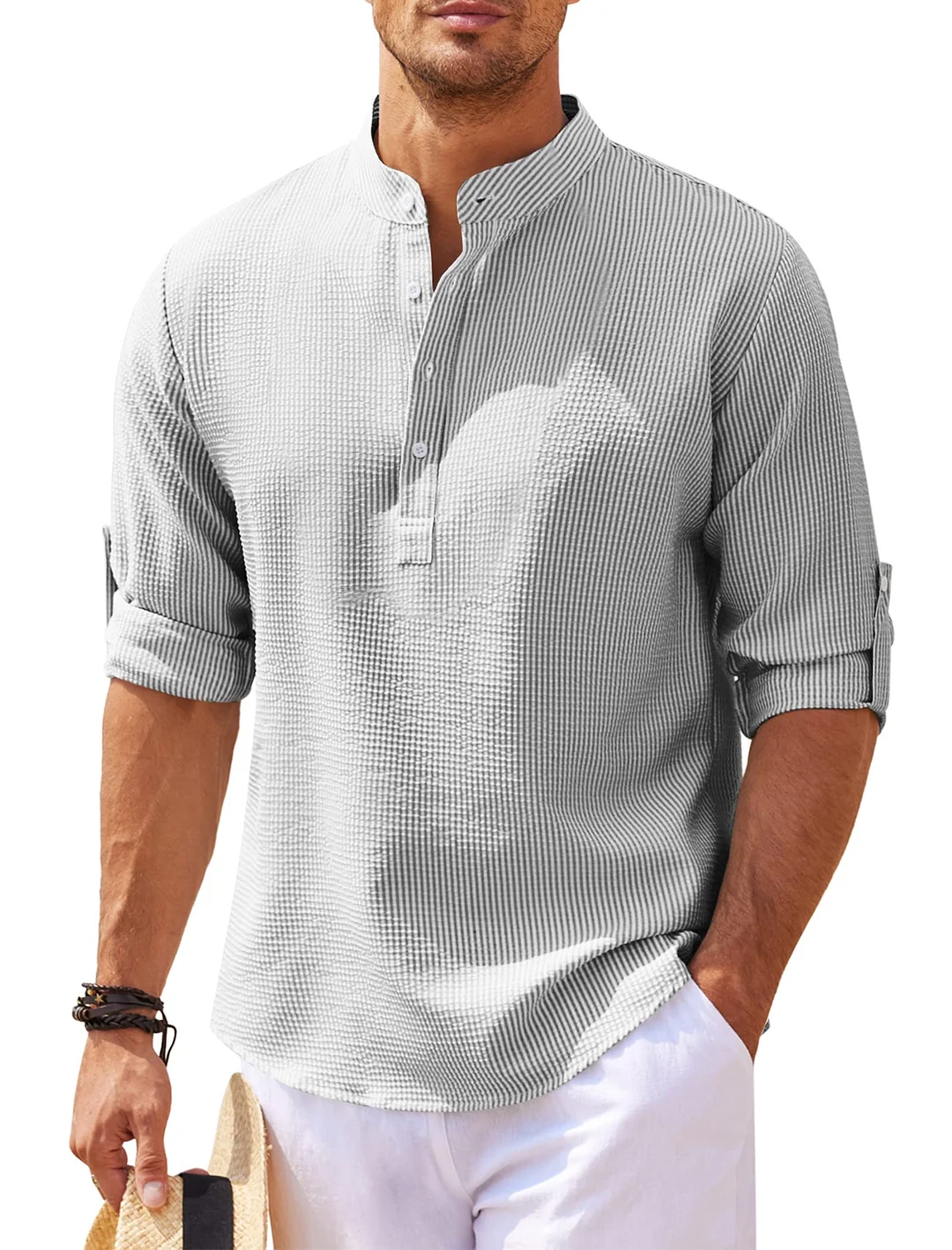 2023 Men's linen Henley shirt long-sleeved casual T shirt