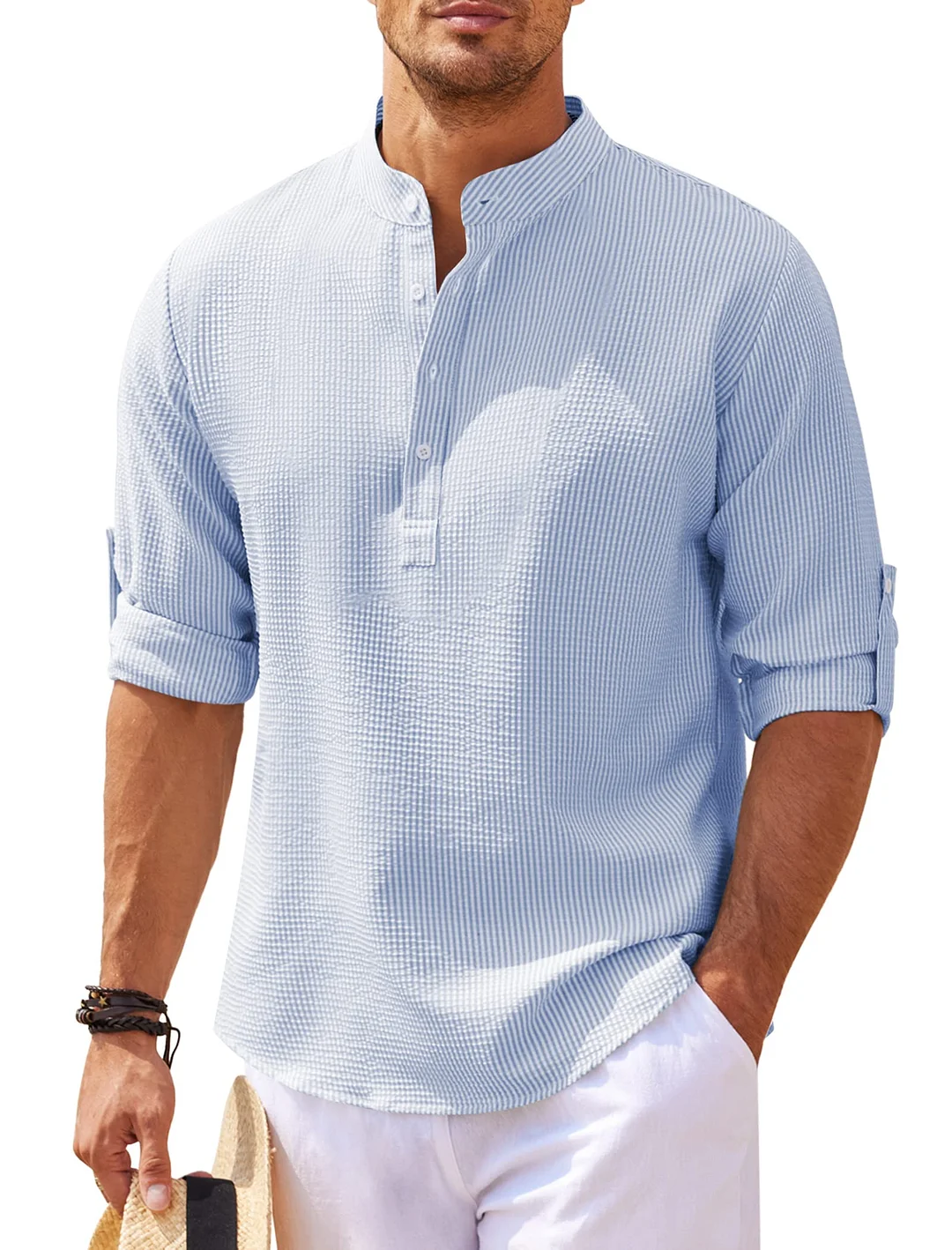 2023 Men's linen Henley shirt long-sleeved casual T shirt