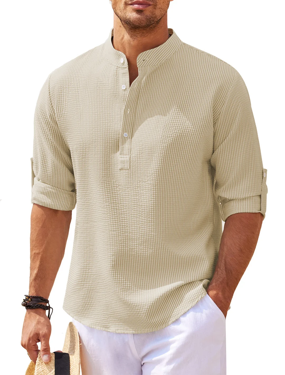 2023 Men's linen Henley shirt long-sleeved casual T shirt