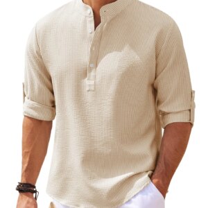 2023 Men’s linen Henley shirt long-sleeved casual T shirt