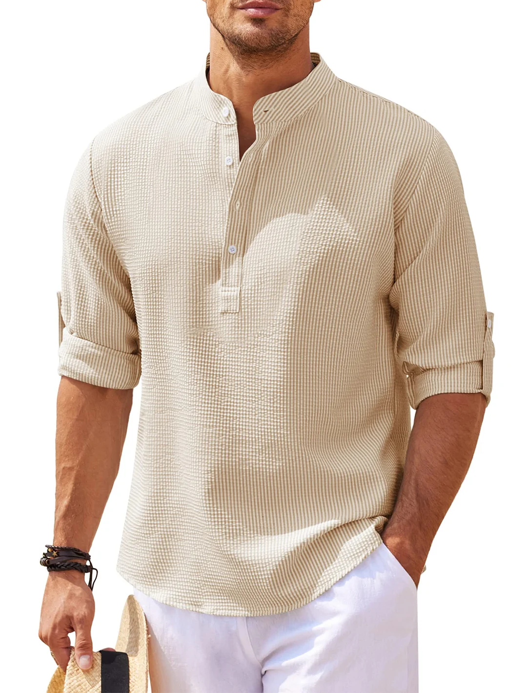 2023 Men's linen Henley shirt long-sleeved casual T shirt