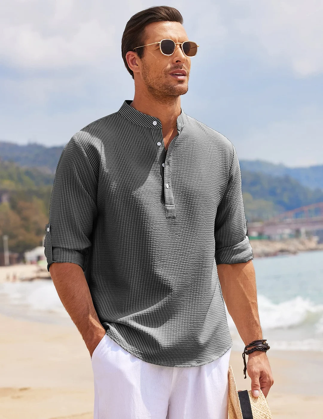 2023 Men's linen Henley shirt long-sleeved casual T shirt