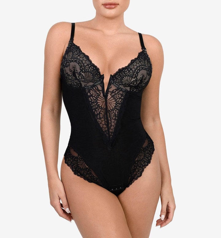 Deep-V Neck Lace Thong Bodysuit