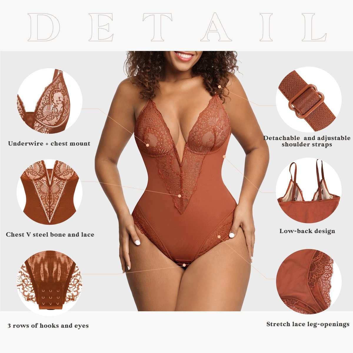 Deep-V Neck Lace Thong Bodysuit