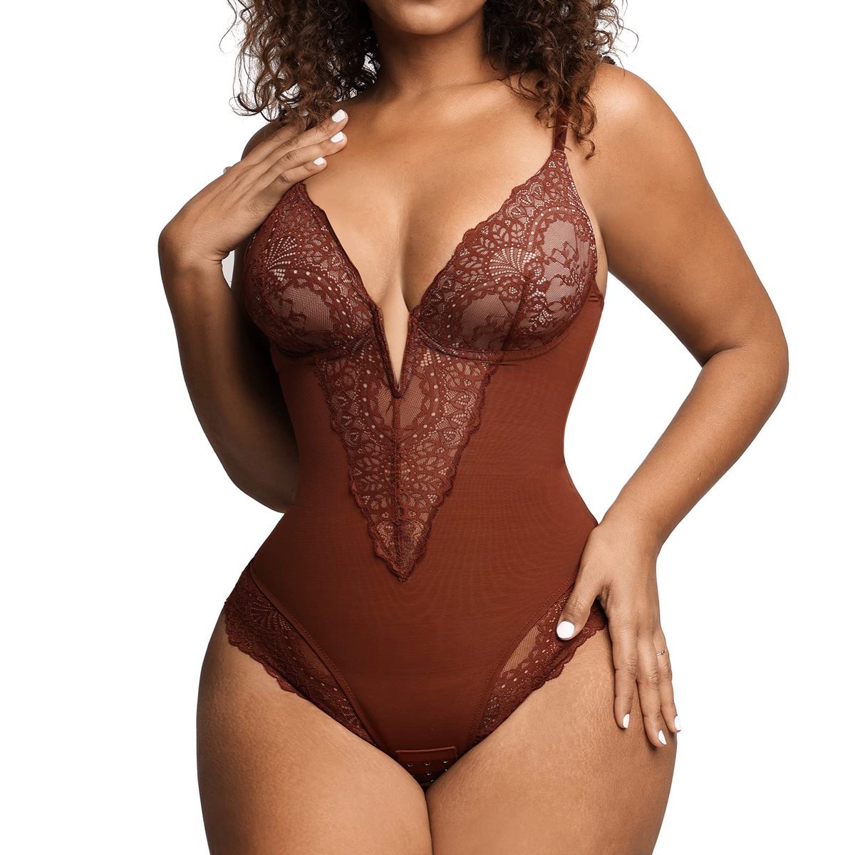 Hmulefate Deep-V Neck Lace Thong Bodysuit