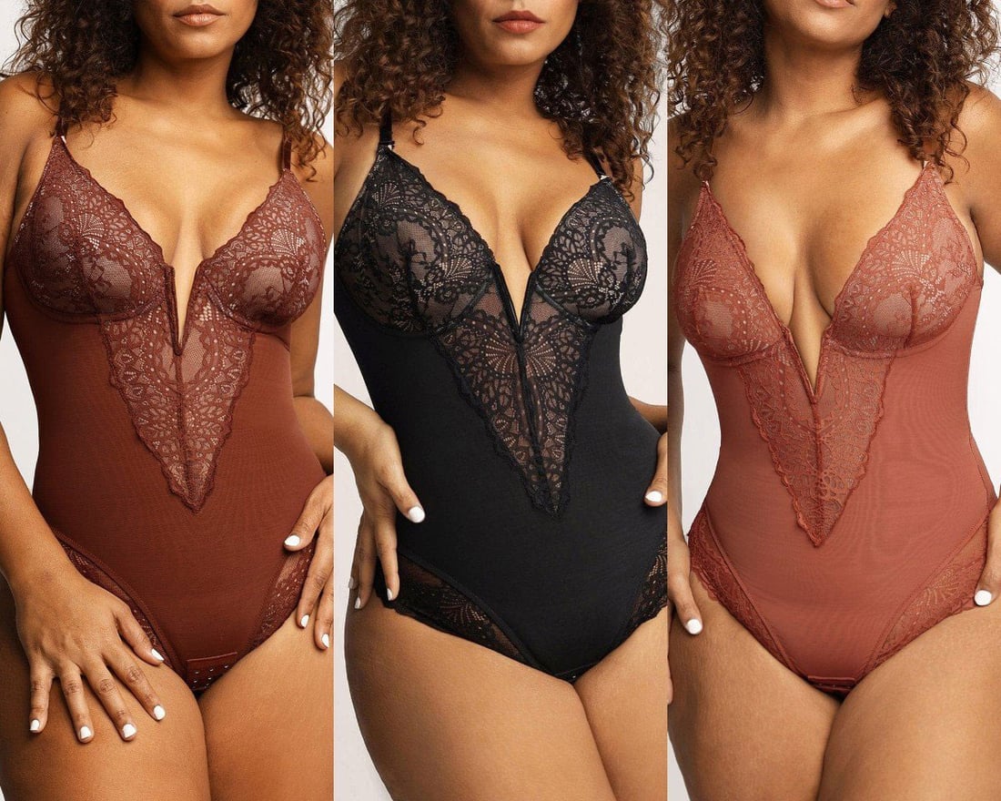 Deep-V Neck Lace Thong Bodysuit