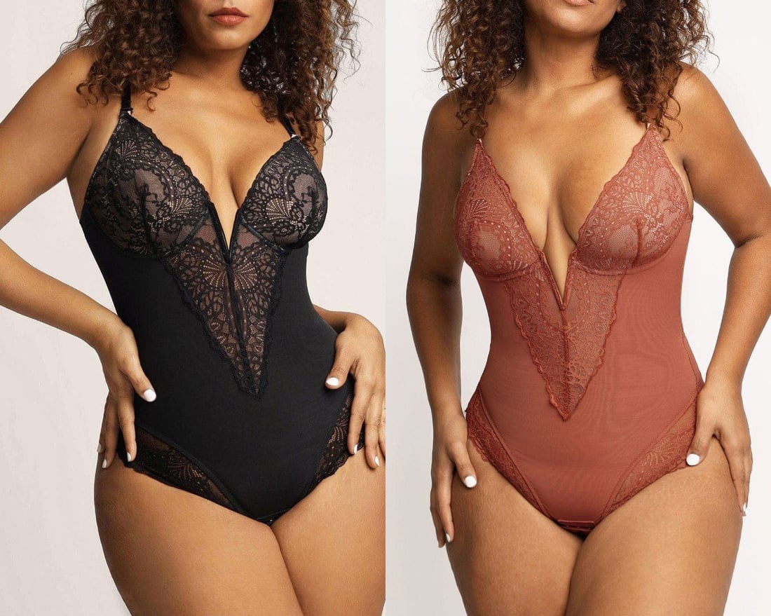 Deep-V Neck Lace Thong Bodysuit