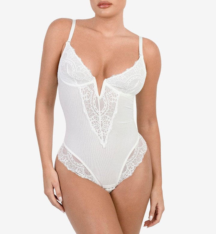 Hmulefate Deep-V Neck Lace Thong Bodysuit