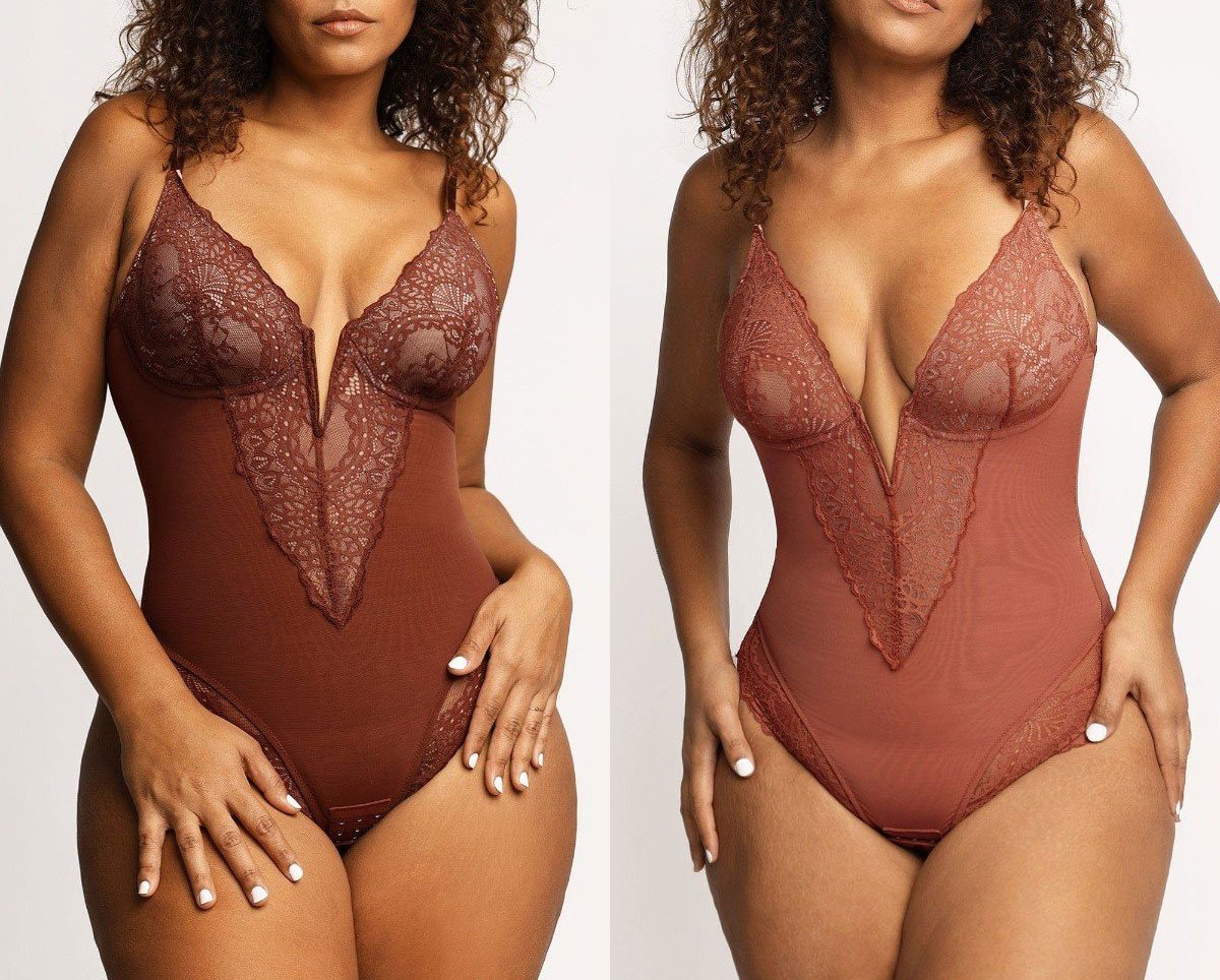 Hmulefate Deep-V Neck Lace Thong Bodysuit