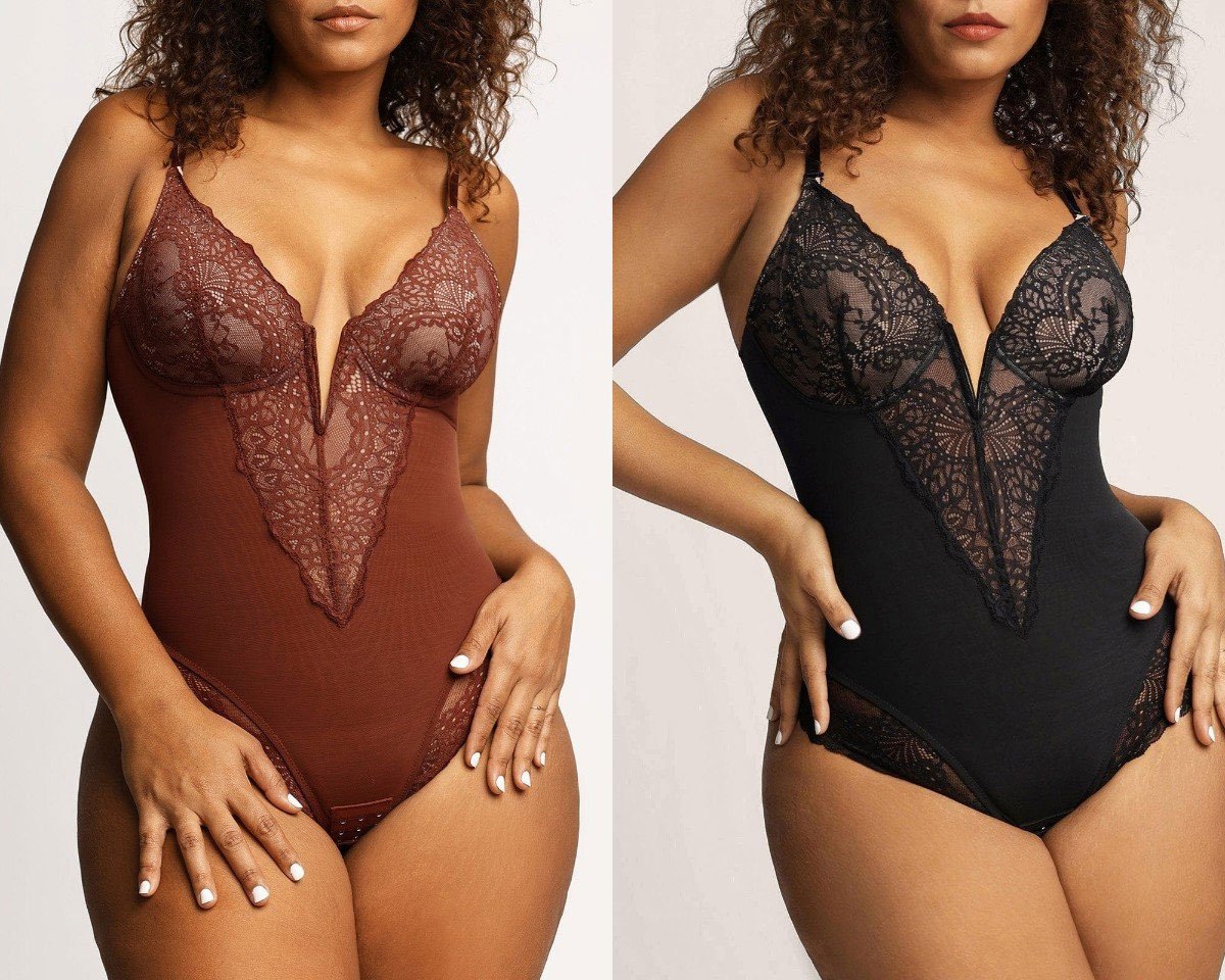 Hmulefate Deep-V Neck Lace Thong Bodysuit