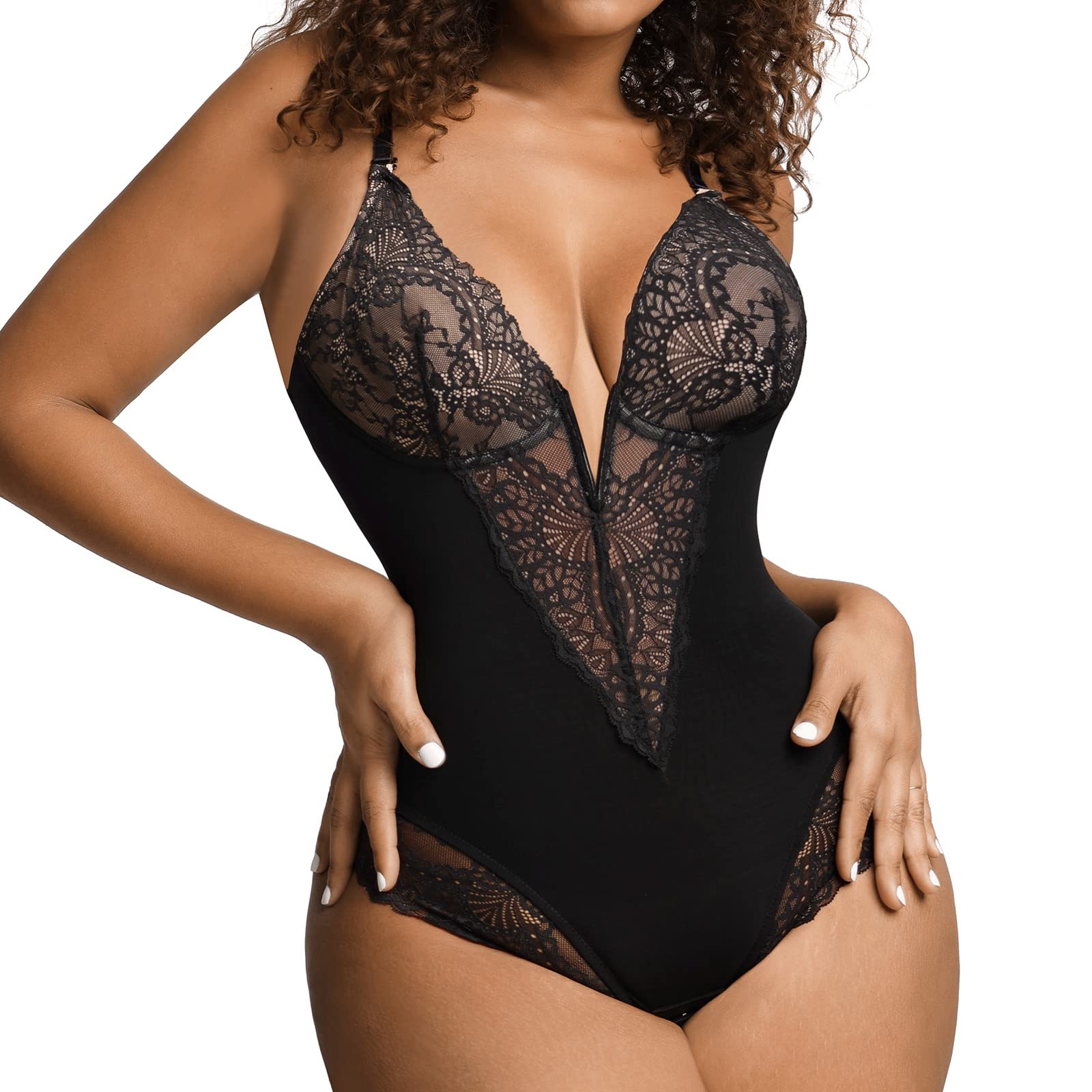 Deep-V Neck Lace Thong Bodysuit