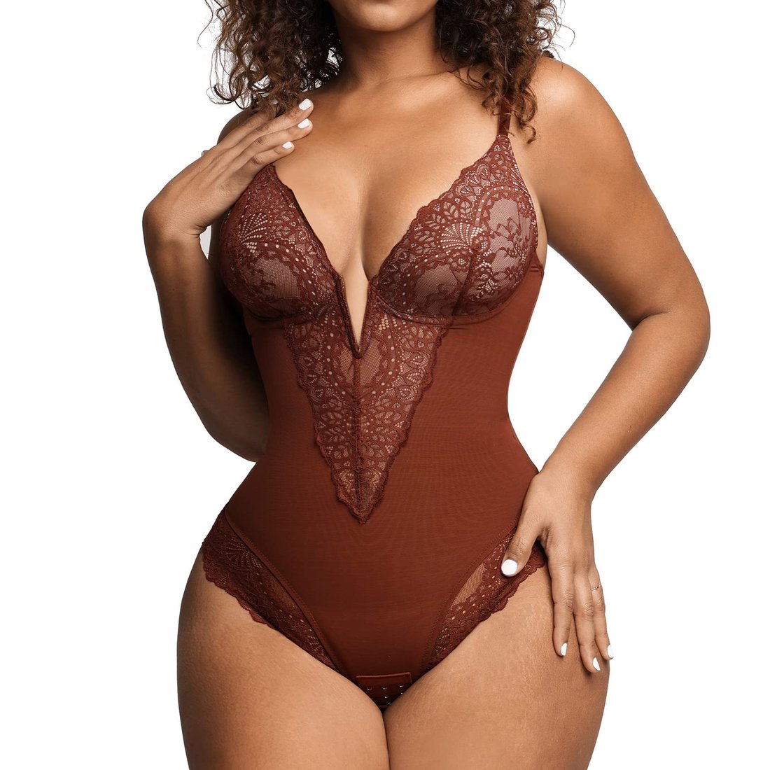 Deep-V Neck Lace Thong Bodysuit