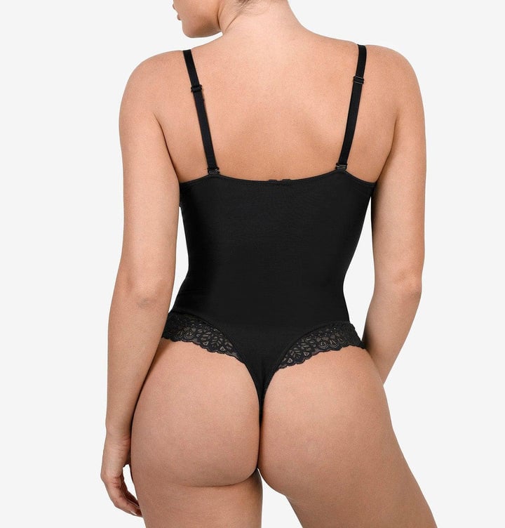 Hmulefate Deep-V Neck Lace Thong Bodysuit