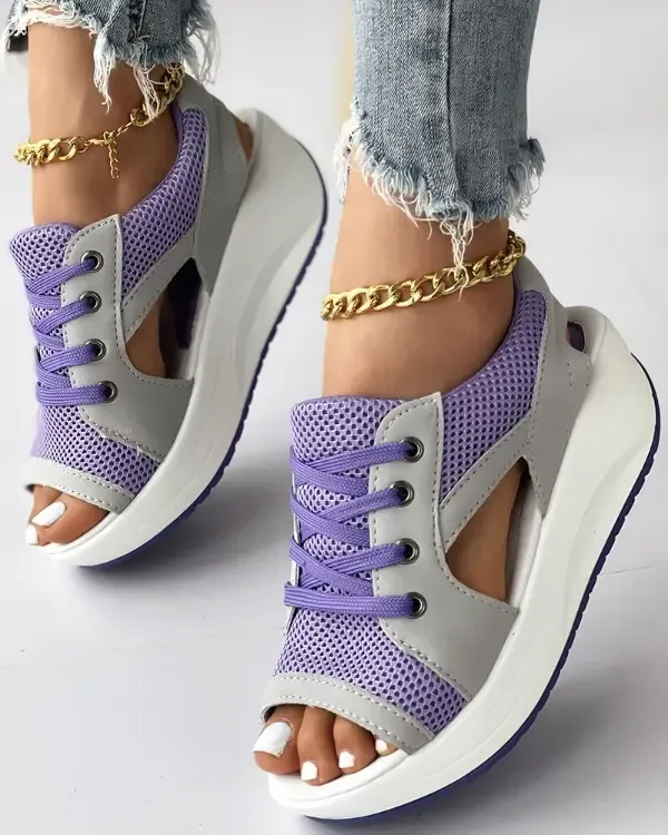 HOT SALE 48% OFF - CONTRAST PANELED CUTOUT LACE-UP MUFFIN SANDALS