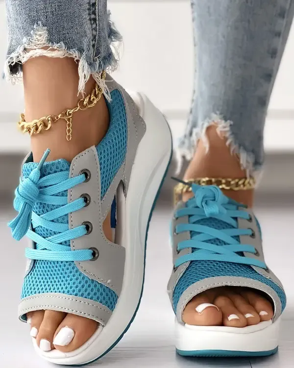 HOT SALE 48% OFF - CONTRAST PANELED CUTOUT LACE-UP MUFFIN SANDALS