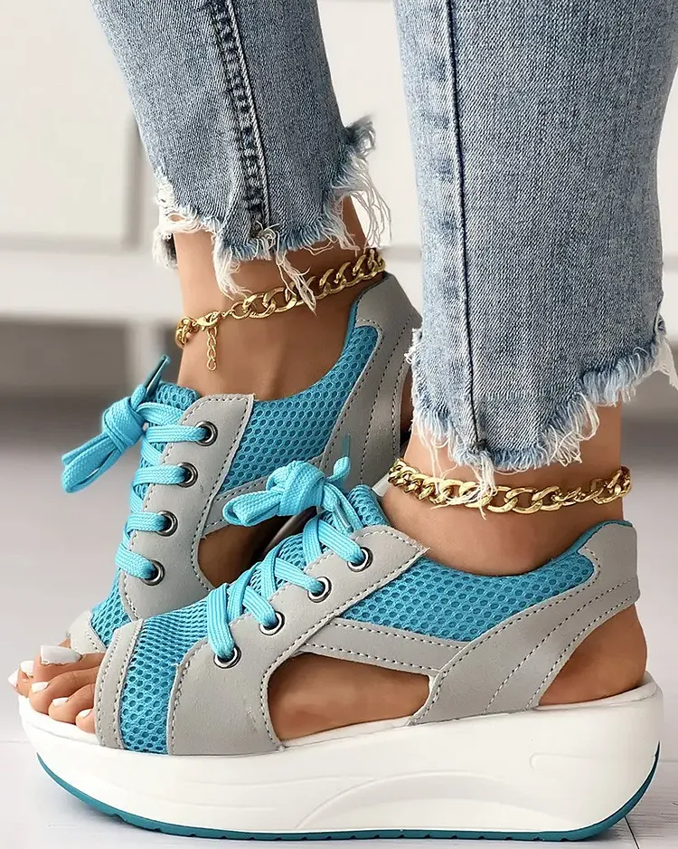 HOT SALE 48% OFF - CONTRAST PANELED CUTOUT LACE-UP MUFFIN SANDALS