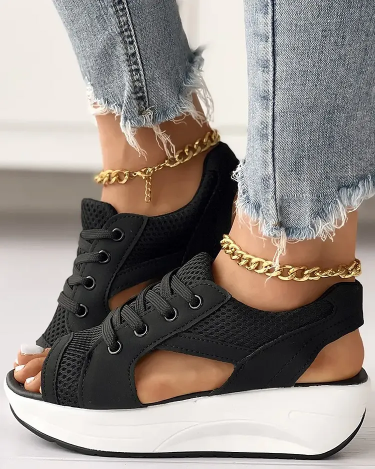 HOT SALE 48% OFF - CONTRAST PANELED CUTOUT LACE-UP MUFFIN SANDALS