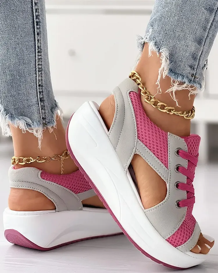 HOT SALE 48% OFF - CONTRAST PANELED CUTOUT LACE-UP MUFFIN SANDALS