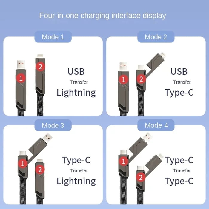 Last Day Promotion 49% OFF 4-in-1 (60W Fast Charging & Data Sync) Flat Braided Anti-Tangle Charger Cord with Velcro