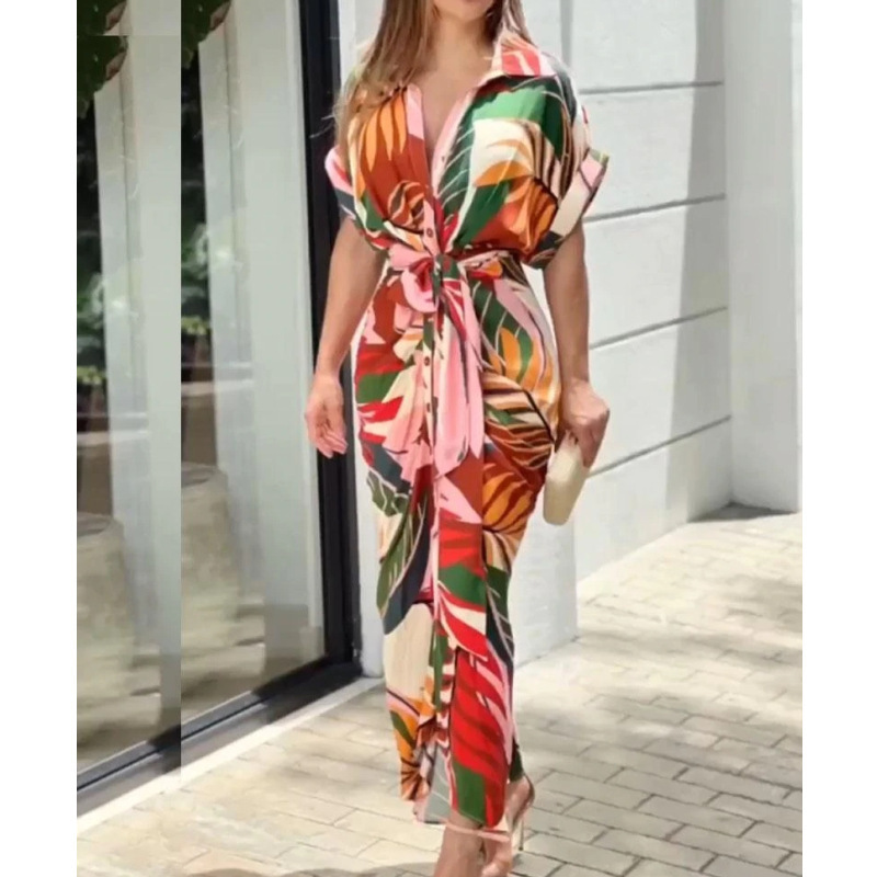 Mother's Day Sale 50% OFF  - Casual Lapel Neck Waist Print Shirt Dress