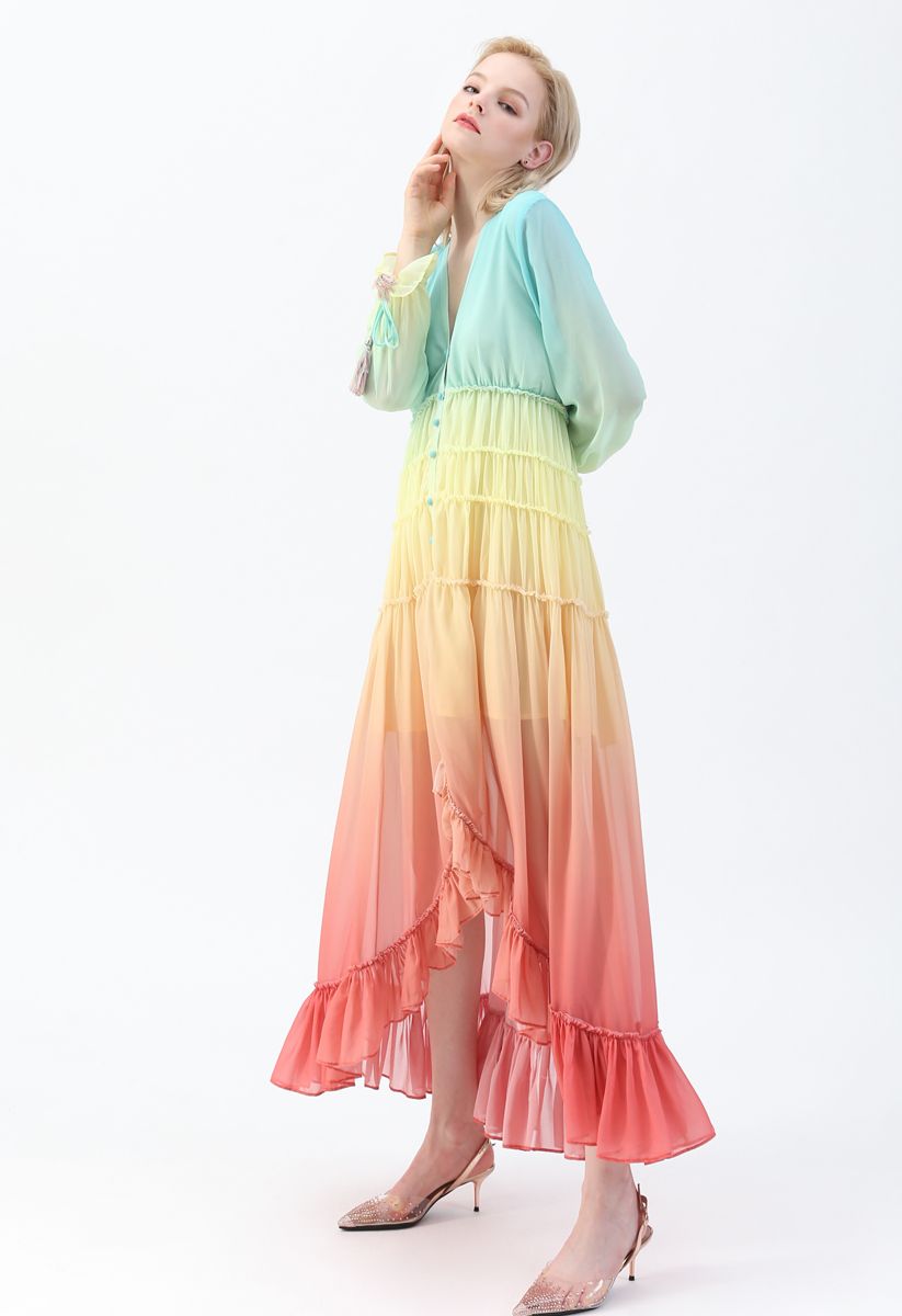 Rainbow Gradient V-Neck Maxi Dress