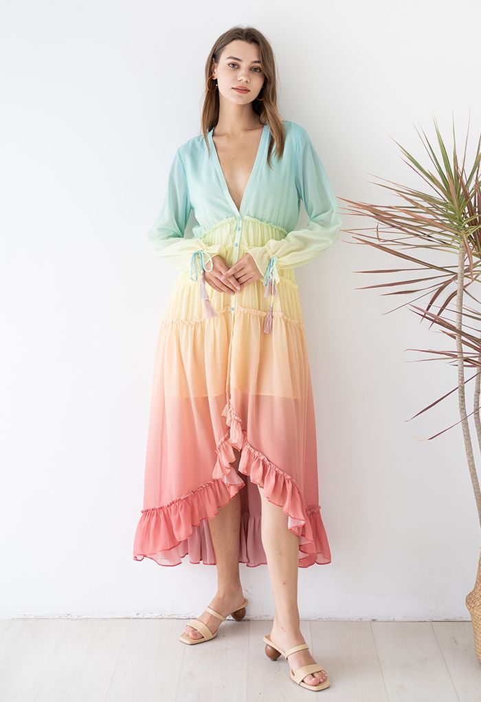 Rainbow Gradient V-Neck Maxi Dress