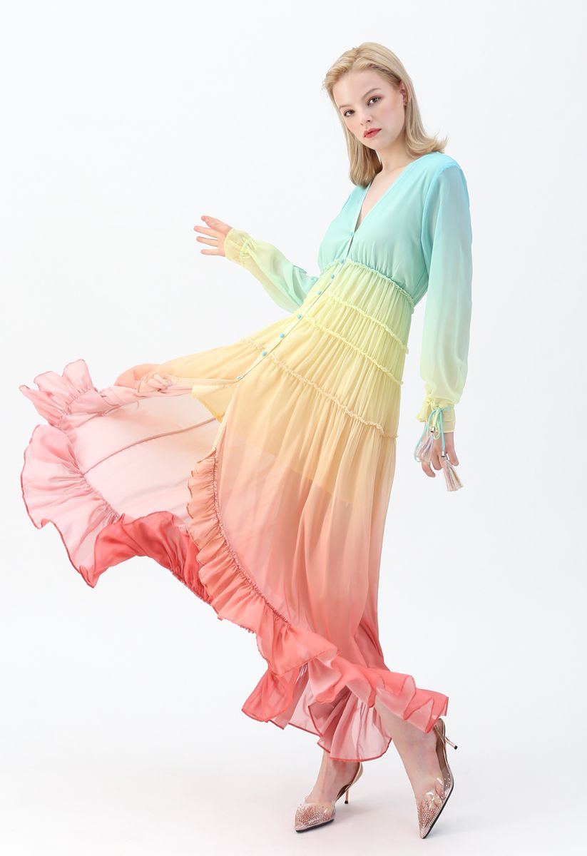 Rainbow Gradient V-Neck Maxi Dress