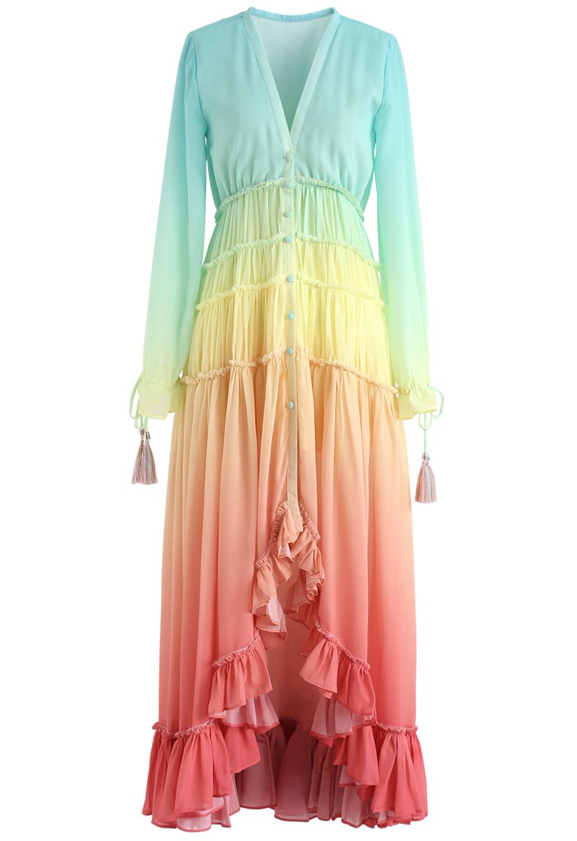 Rainbow Gradient V-Neck Maxi Dress