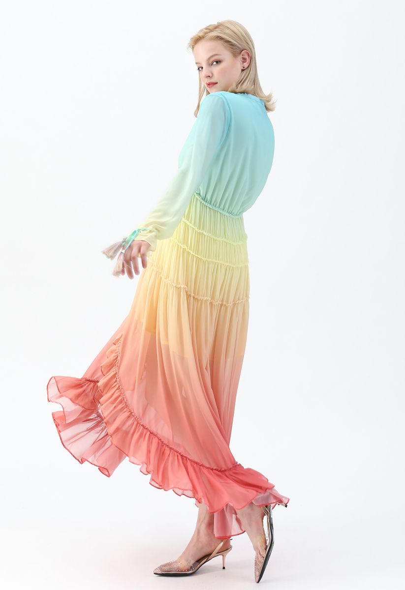 Rainbow Gradient V-Neck Maxi Dress