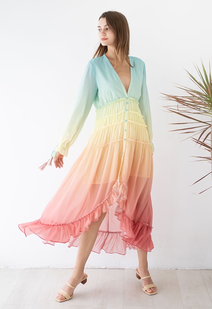 Rainbow Gradient V-Neck Maxi Dress