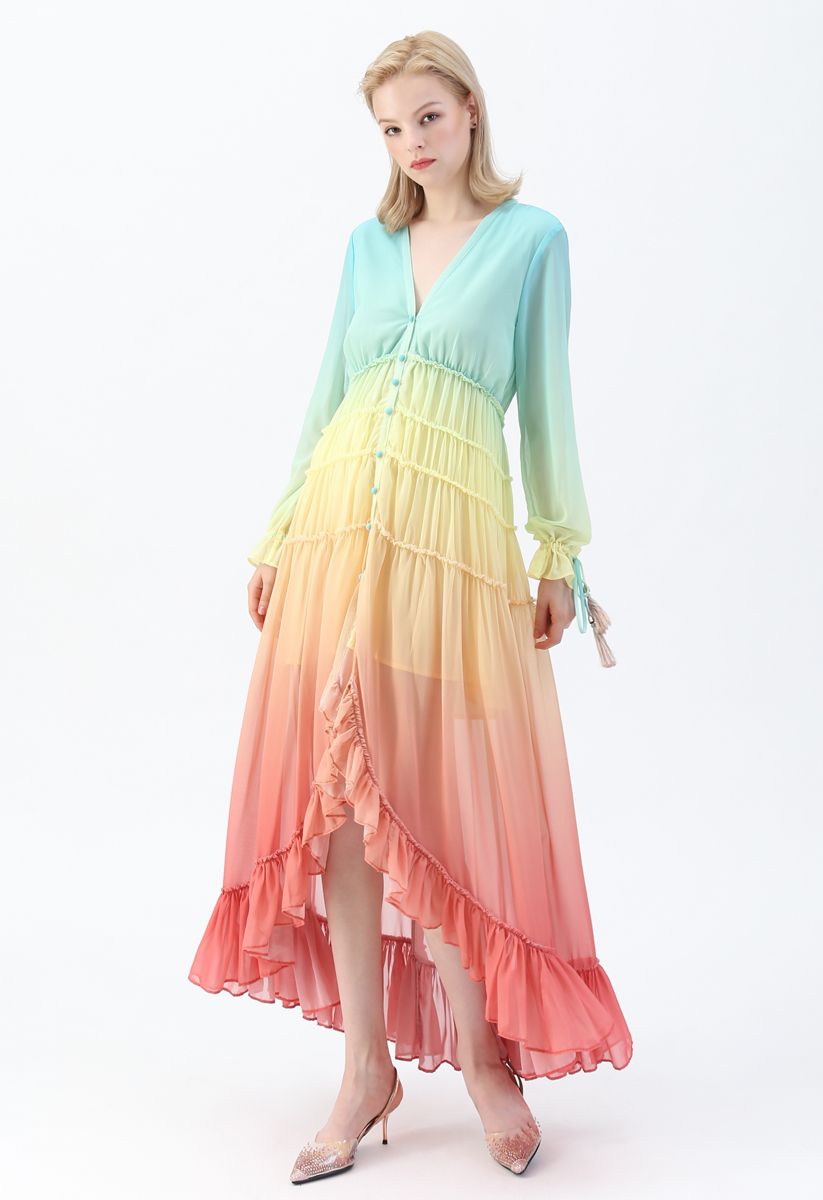 Rainbow Gradient V-Neck Maxi Dress