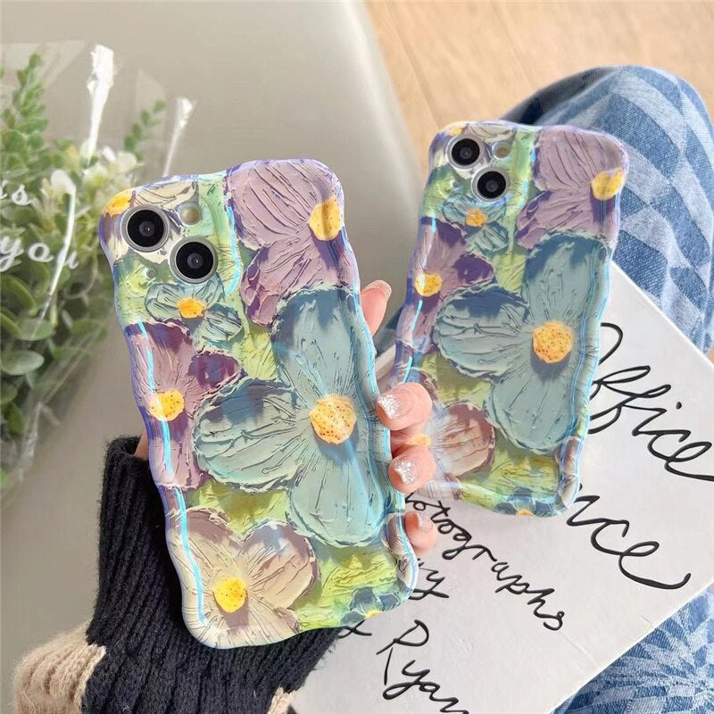 Retro Oil Painting Blu-Ray Flowers Shockproof Case for Iphone 13 12 13Pro 14Pro 13 Pro Max Silicone Cover Iphone 14 Fundas